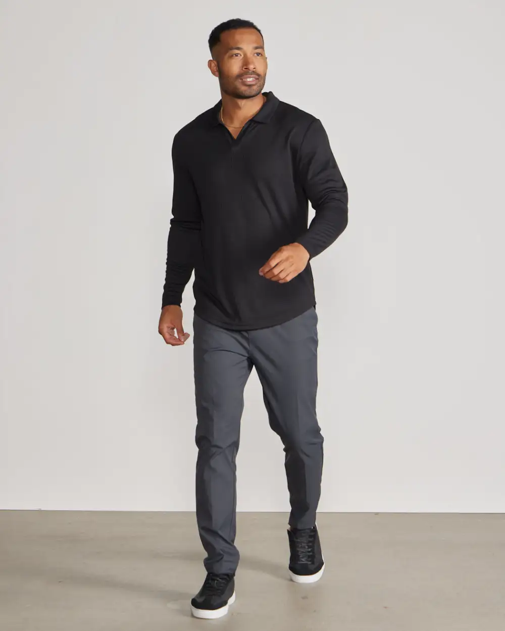 Ribbed Long Sleeve Open V Polo