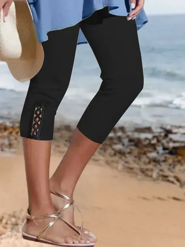 Plain color patterned elastic waist lace high elastic pants Capri Leggings