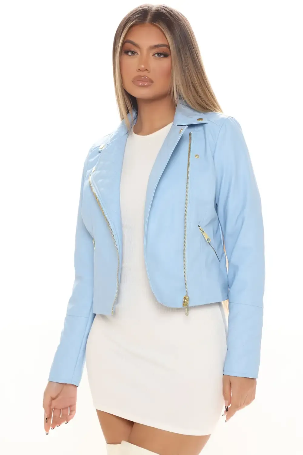 Out For A Ride Vegan Leather Moto Jacket - Light Blue