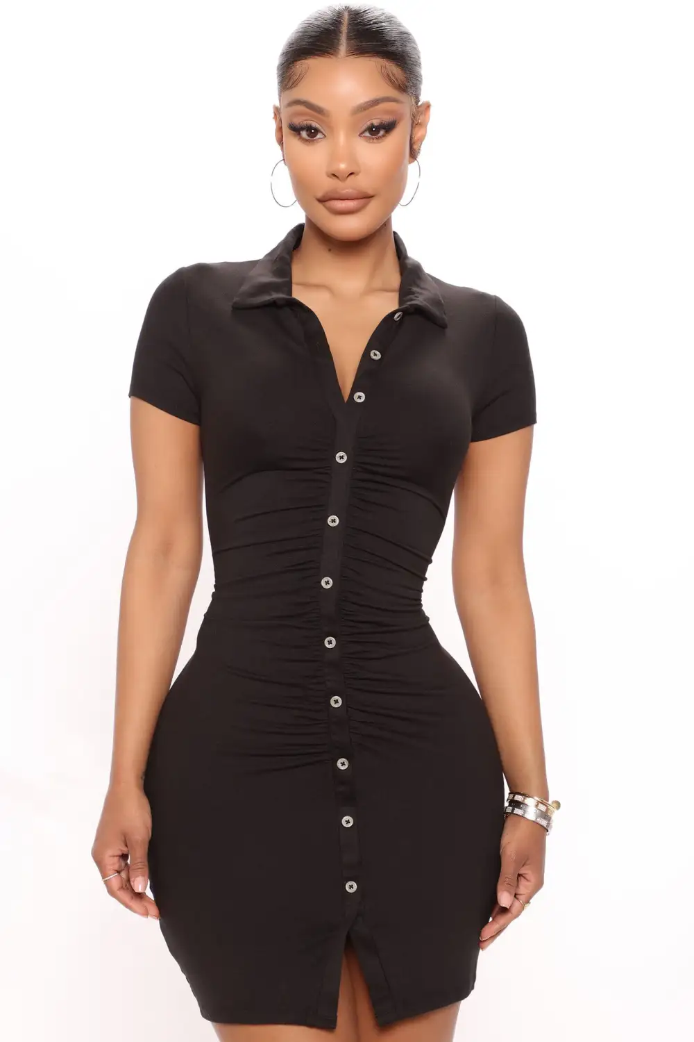 Ralene Ruched Shirt Dress - Black