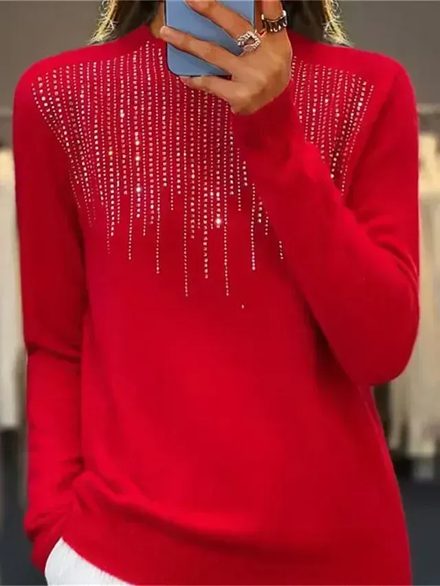 Women‘s Christmas Pullover Sweater Jumper Crew Neck Ribbed Knit Acrylic Sequins Fall Winter Regular Outdoor Daily Going out Xmas Stylish Casual Long Sleeve Solid Color Black White Light Green S M L