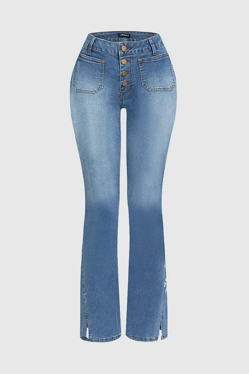 Wash Floral Embroidered Split Hem Mid Rise Bootcut Jeans Without Belt
