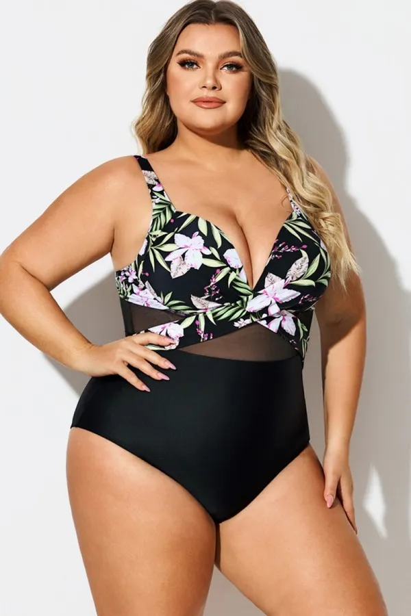 V-Neck Floral Print Wrap One Piece Swimsuit