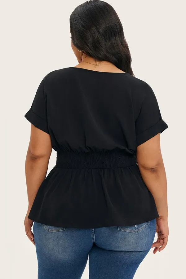 Solid Color Batwing Sleeve Cinched Waist Blouse
