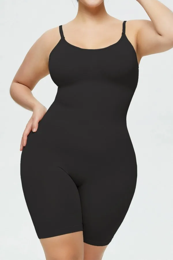 Black Scoop Neck Wrap Mid-Thigh Bodysuit