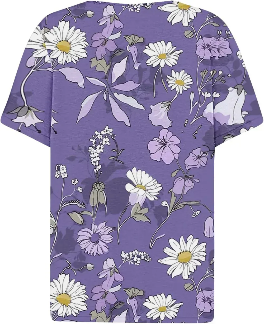 Shirts for Women Casual Printed Summer Tops Short-Sleeved Button V-Neck Tops Blouse Fashion Boho T-Shirts