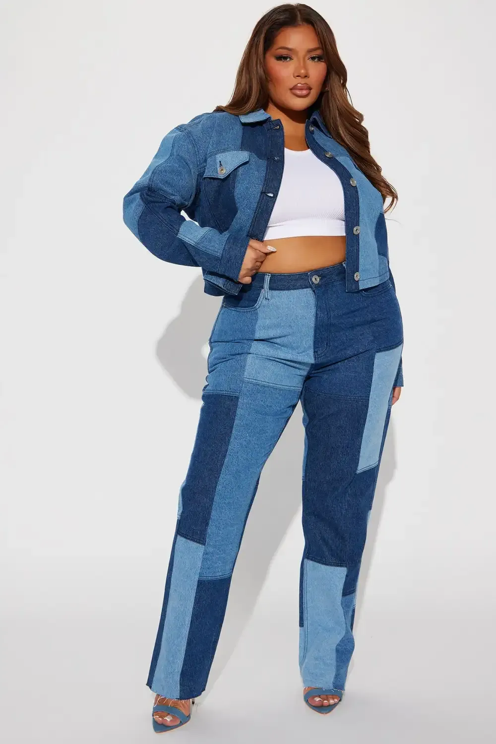Hey Girl Patchwork Straight Leg Jeans - Blue Wash
