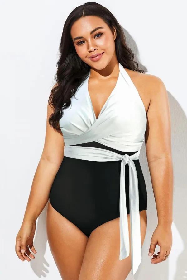 Black & White V-Neck Wrap Halter One Piece Swimsuit