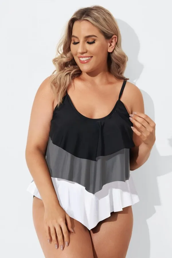 Plus Size Colorblock V-Neck Ruffle Women Tankini Top