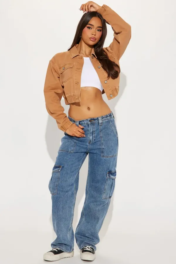 Like A Charm Denim Bomber Jacket - Tan