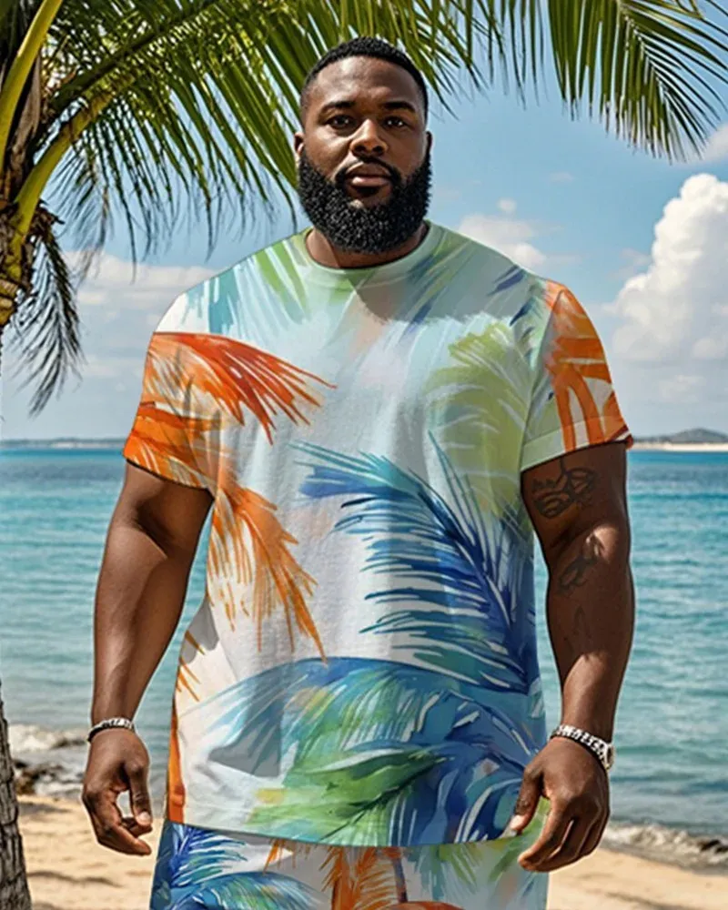 Big & Tall Men's Colorful Coconut Graffiti Print T-Shirt and Shorts Suit