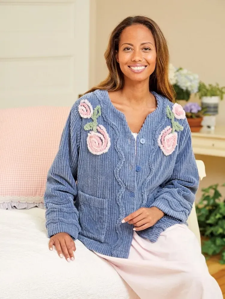Chenille Blossom Button-Front Bed Jacket
