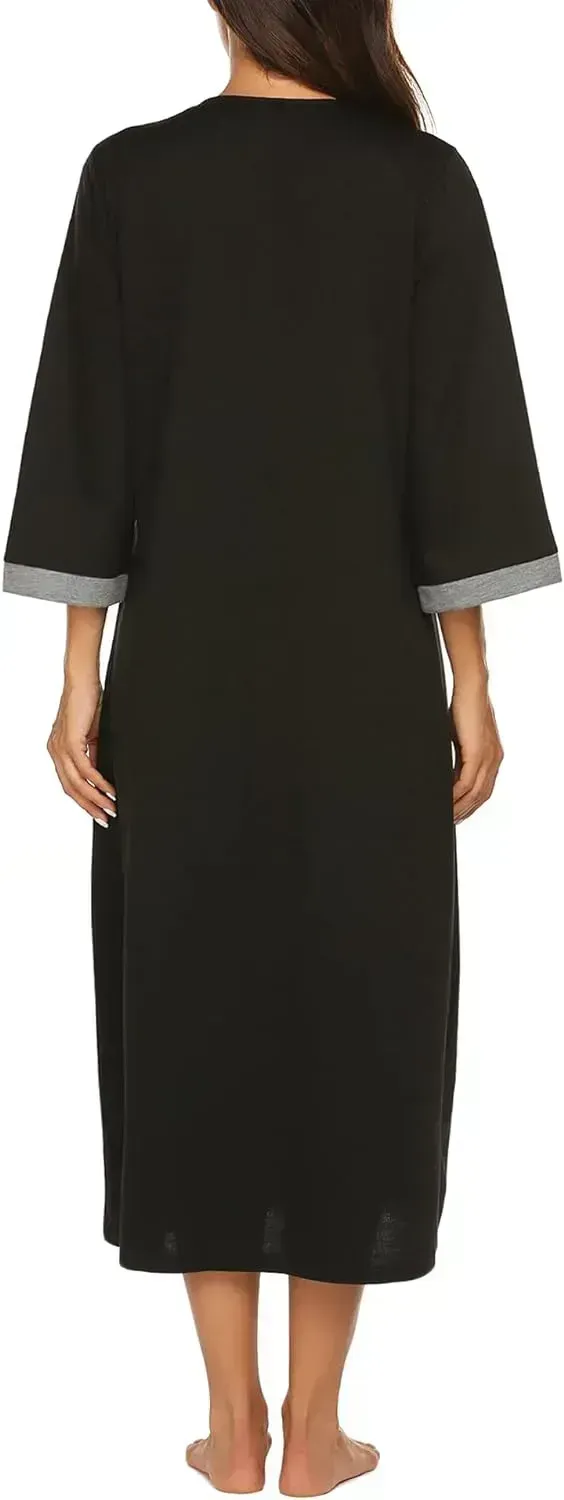 Women Zipper Robe 3/4 Sleeves Loungewear Dress Full Length Sleepwear Pockets Housecoat Nightgown Long Bathrobe