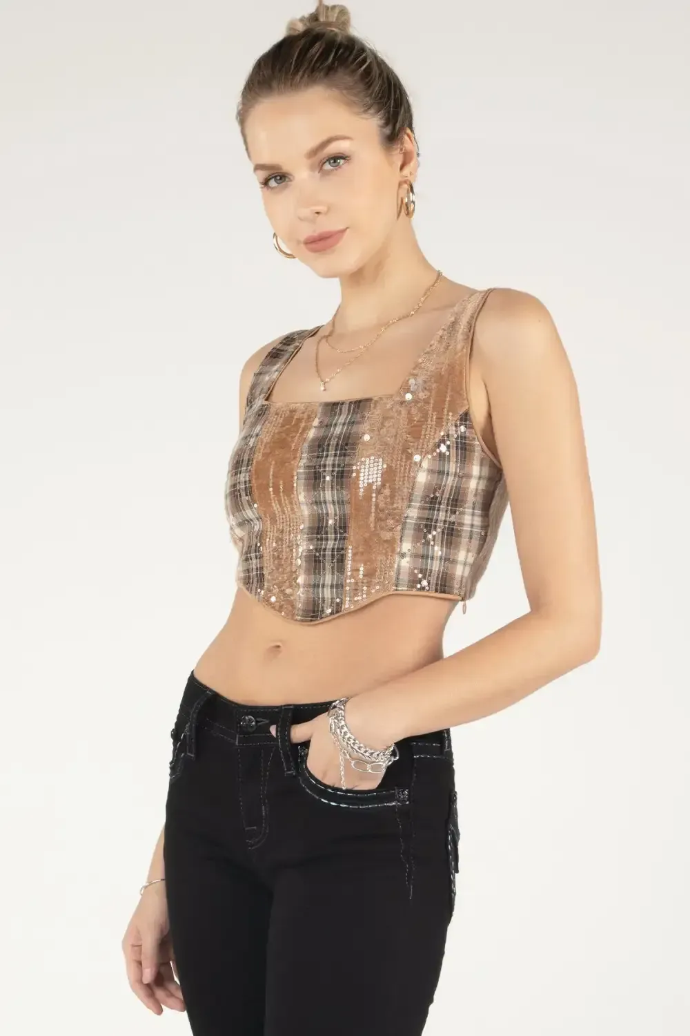 Plaid Sequin Crop Top