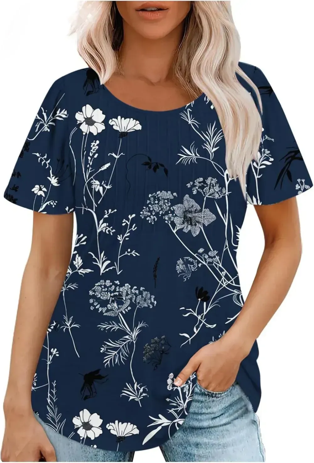Womens Summer Pleated Front Shirts Tunics Casual Short Sleeved Loose Round Neck Boho Printed Tops Vacation Blouse