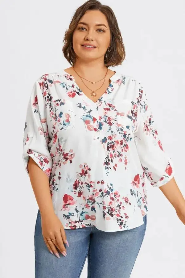 V-Neck Floral Print Pullover 3/4 Sleeve Blouse