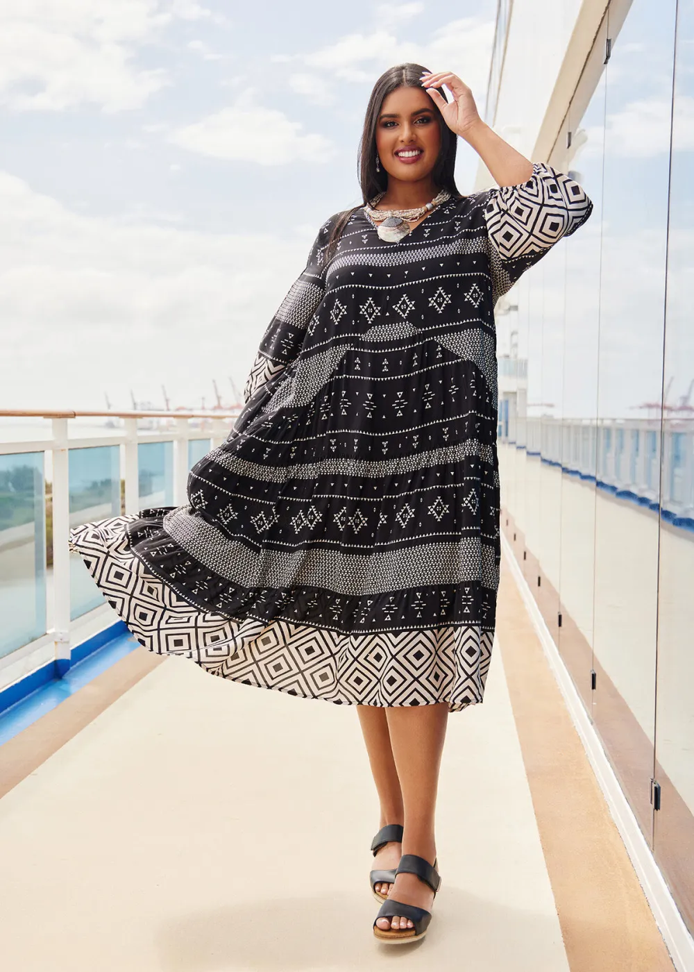 V-neck Natural Tier Maxi Dress