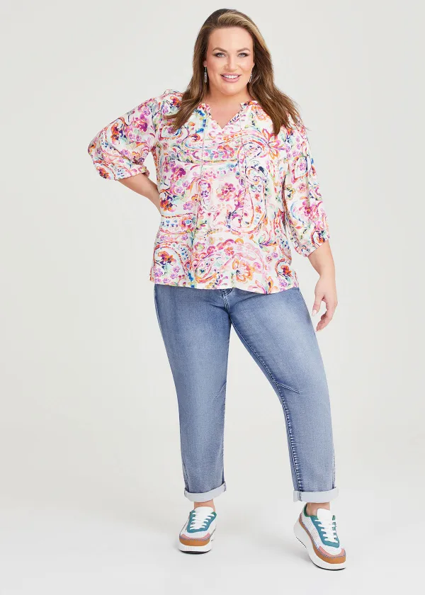 Natural Painterly Paisley Top