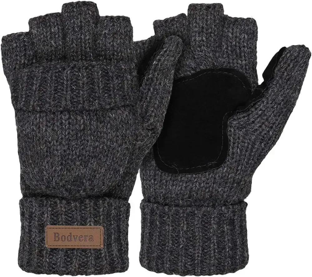 Bodvera Thermal Insulation Fingerless Texting Wool Gloves for Women and Men Winter Warm Knitted Convertible Mittens Flap