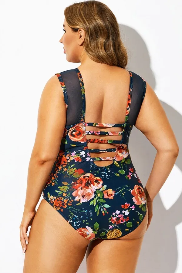 Bouquet Floral Print Mesh One Piece Swimsuit