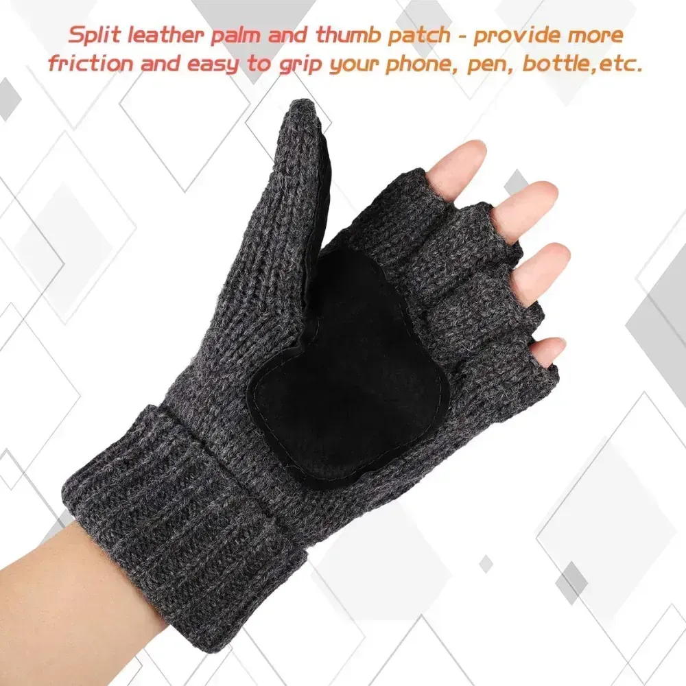 Bodvera Thermal Insulation Fingerless Texting Wool Gloves for Women and Men Winter Warm Knitted Convertible Mittens Flap