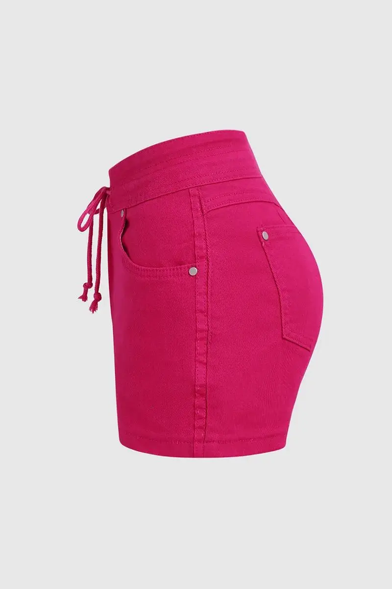 Solid Drawstring Mid Waist Stretchy Denim Shorts