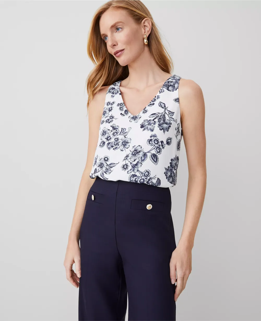 Toile Mixed Media V-Neck Shell