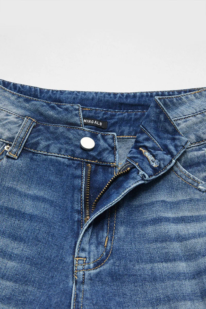 Raw Hem Ripped High Rise Bermuda Denim Shorts