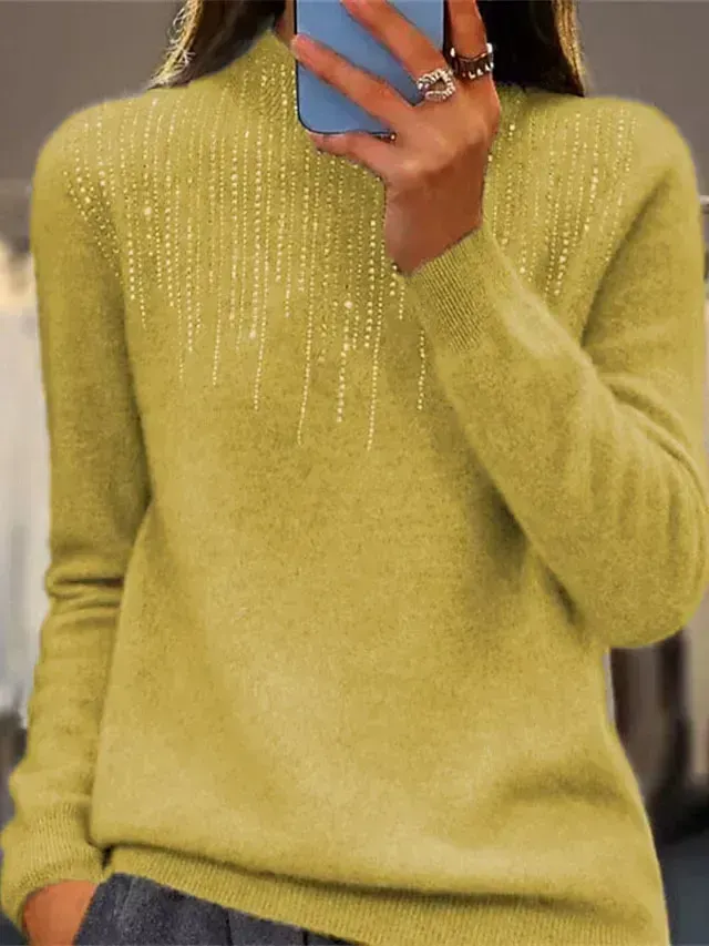 Women‘s Christmas Pullover Sweater Jumper Crew Neck Ribbed Knit Acrylic Sequins Fall Winter Regular Outdoor Daily Going out Xmas Stylish Casual Long Sleeve Solid Color Black White Light Green S M L