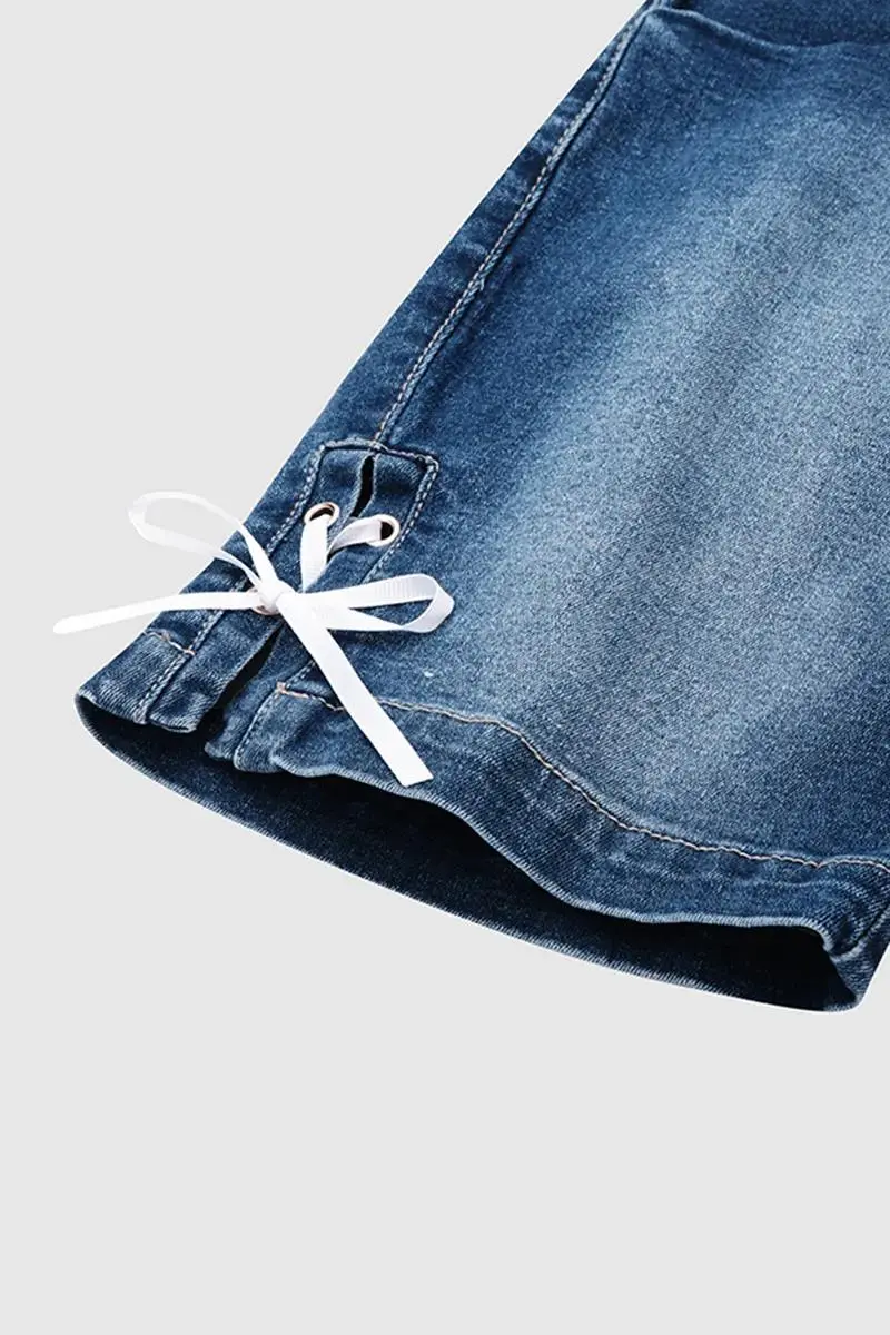 Button Fly Lace Up Side Mid Thigh Denim Shorts
