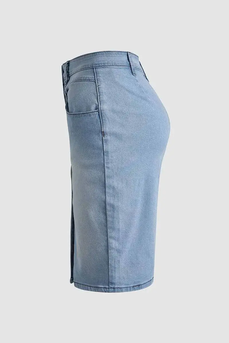 Wash Button Down Stitch Detail Denim Skirt