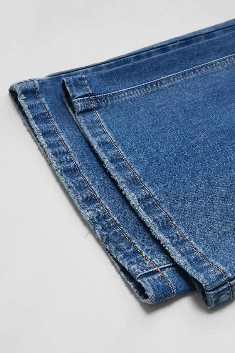 Wash Stitch Detail Raw Hem Wide Leg Mid Rise Jeans
