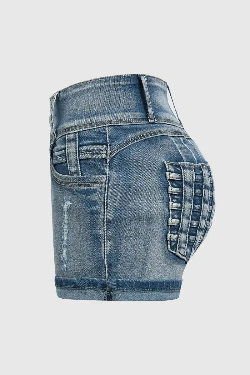 Ripped Roll Hem Button Up High Rise Denim Shorts