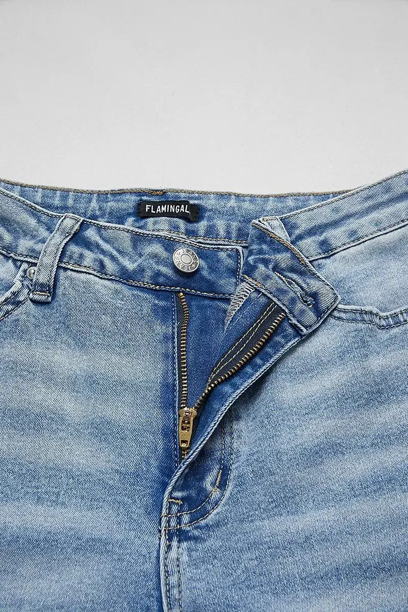 Wash Colorblock Seam Detail Mid Rise Wide Leg Jeans