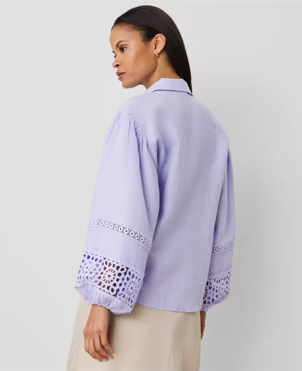Embroidered Linen Puff Sleeve Blouse