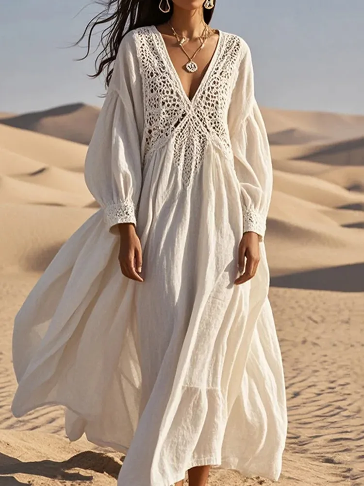 Women's Loose White Lace Patchwork Cotton Holiday Hollow Out Spring Dress