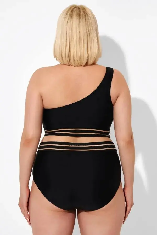 Black Mesh One Shoulder  Backless Bikini Top