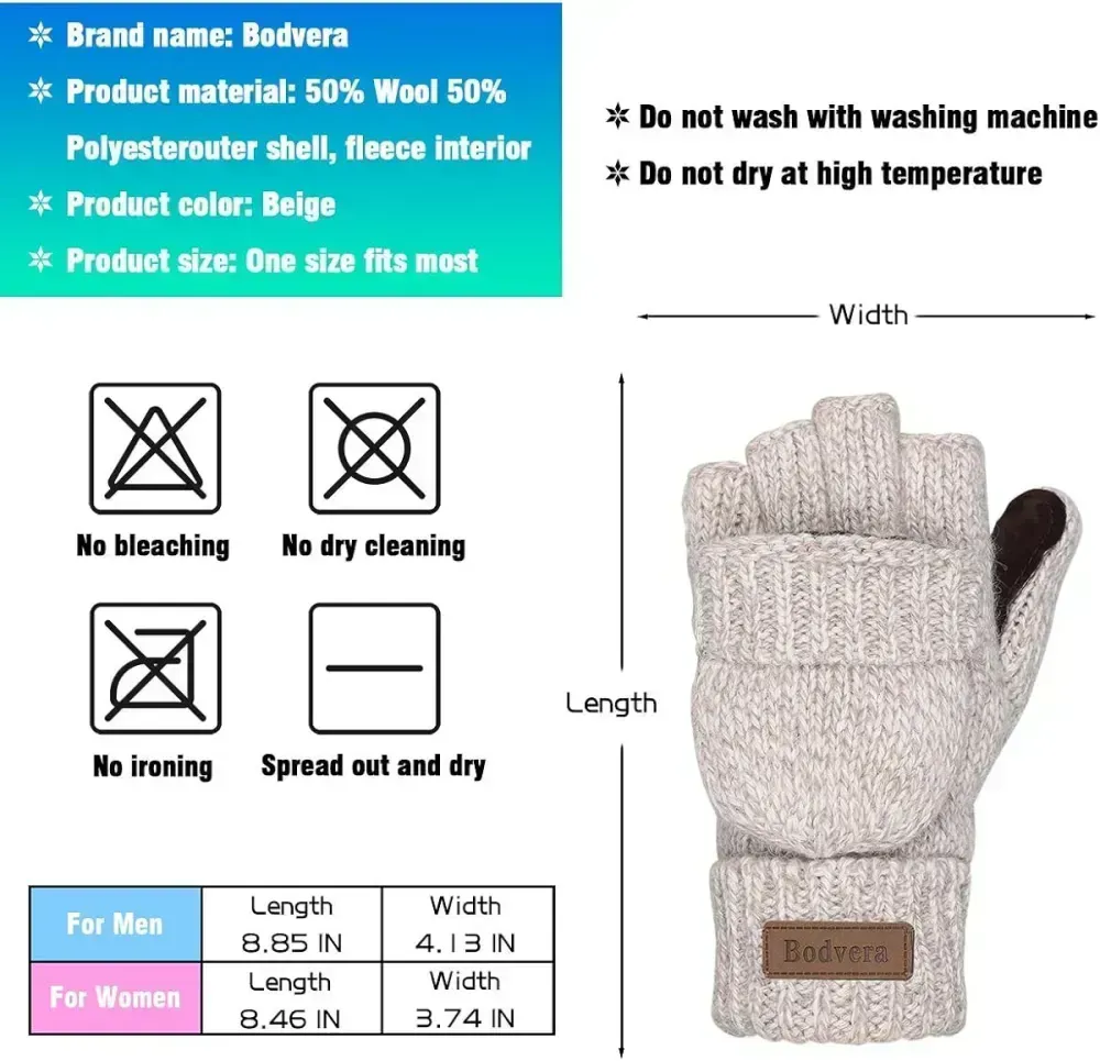 Bodvera Thermal Insulation Fingerless Texting Wool Gloves for Women and Men Winter Warm Knitted Convertible Mittens Flap