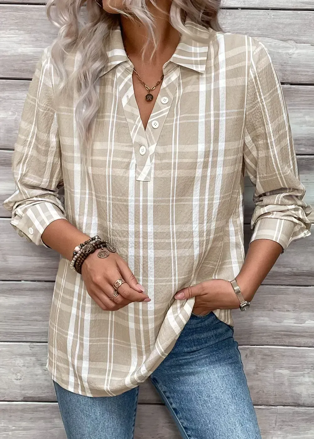 Light Coffee Button Plaid Long Sleeve Shirt Collar Blouse