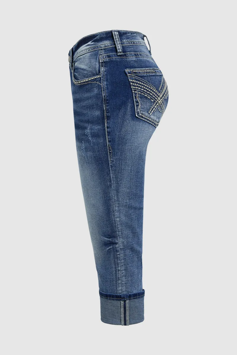 Stitch Detail Wash Stretchy Low Waist Capri Jeans
