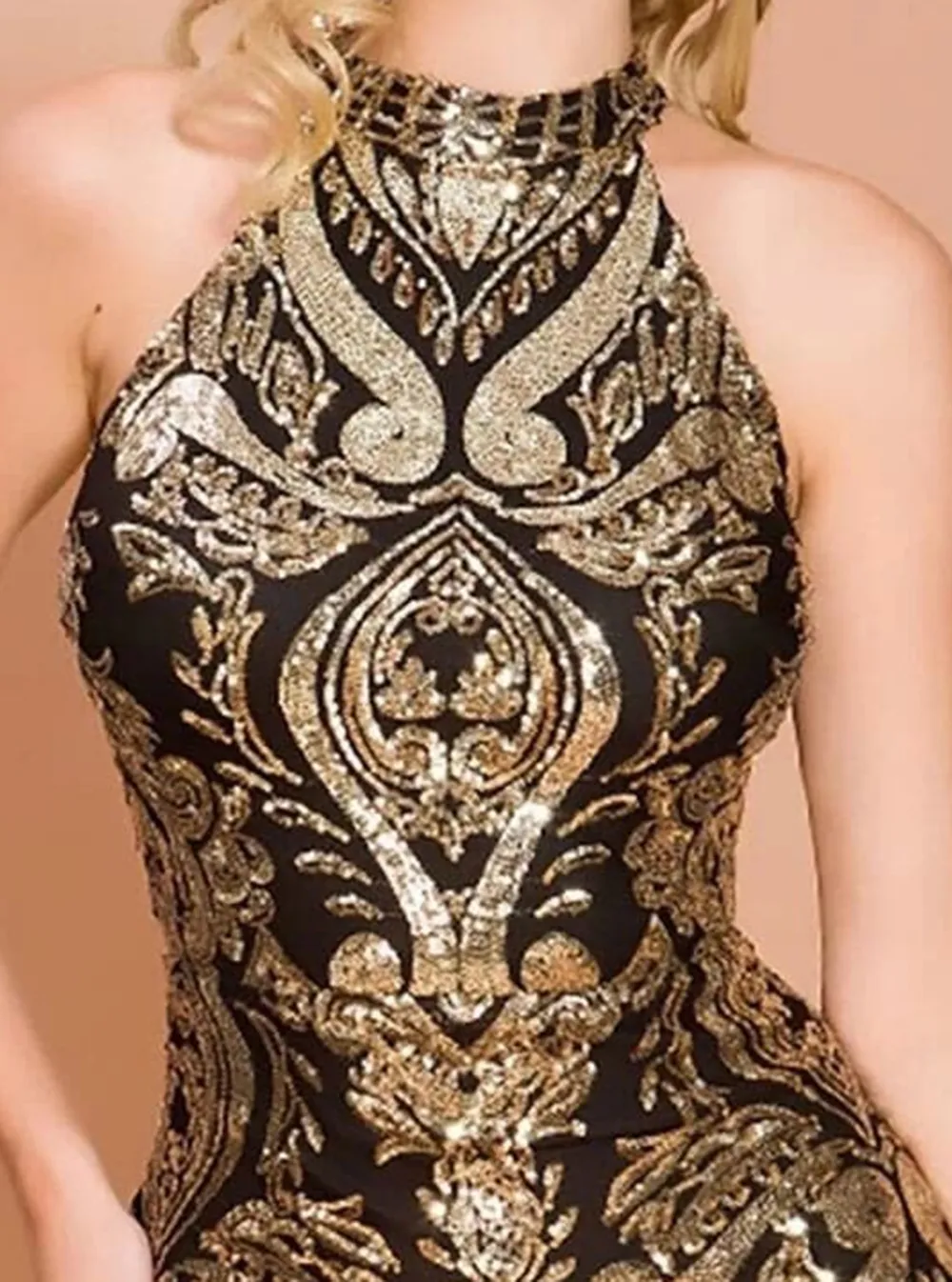Halterneck Damask Sequin Bodycon Mini Dress