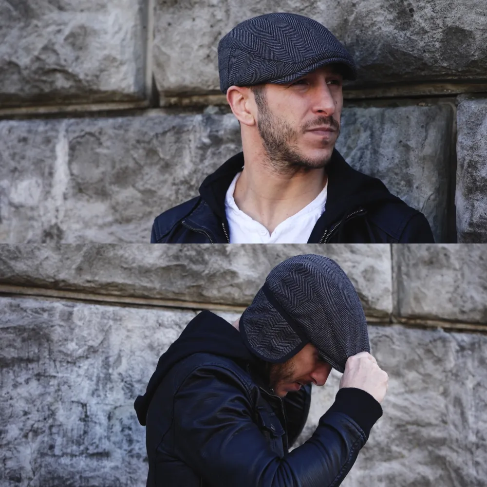 The Flap Cap Boston Scally Cap - Grey Herringbone