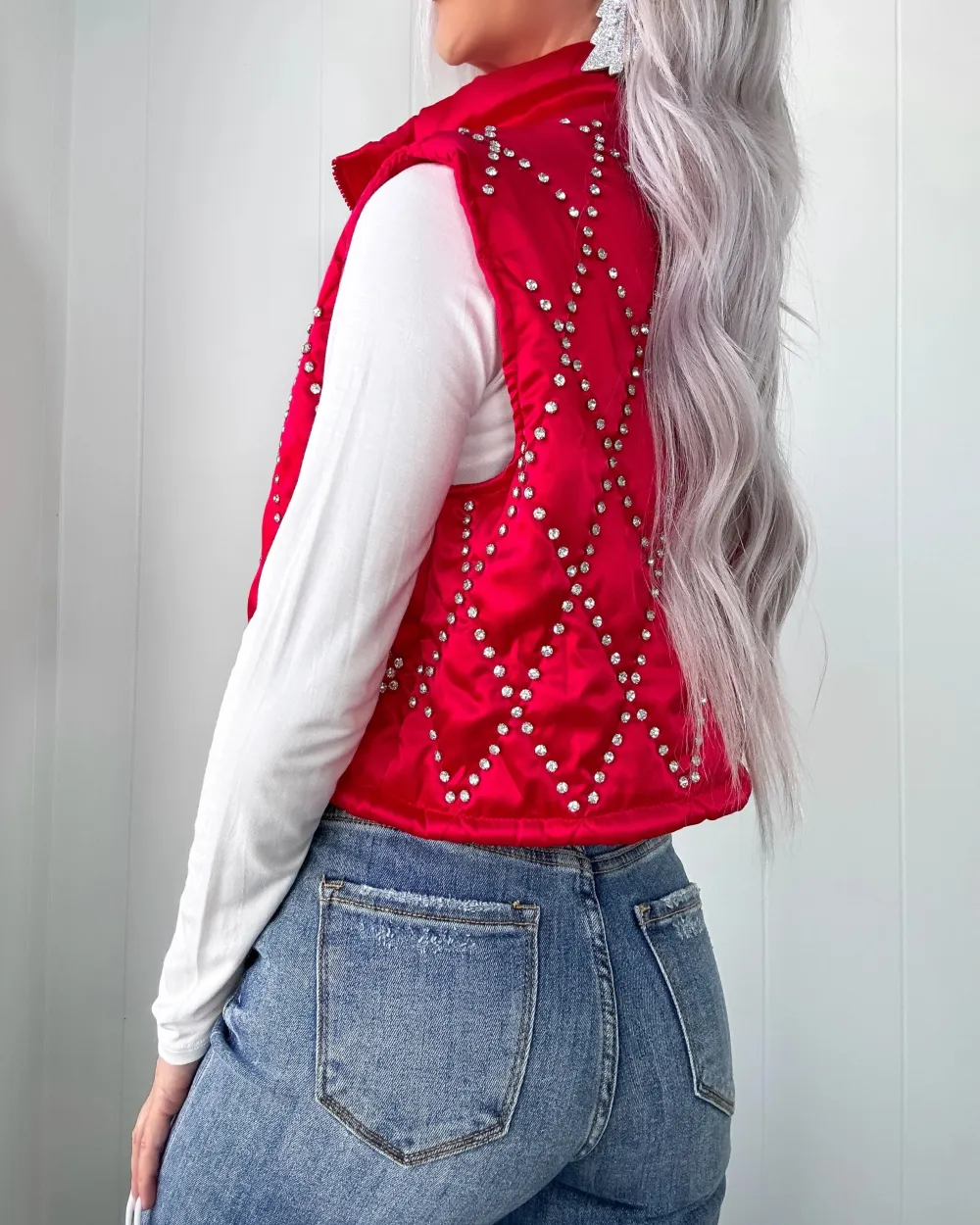 Rhinestone Bomber Vest - Red