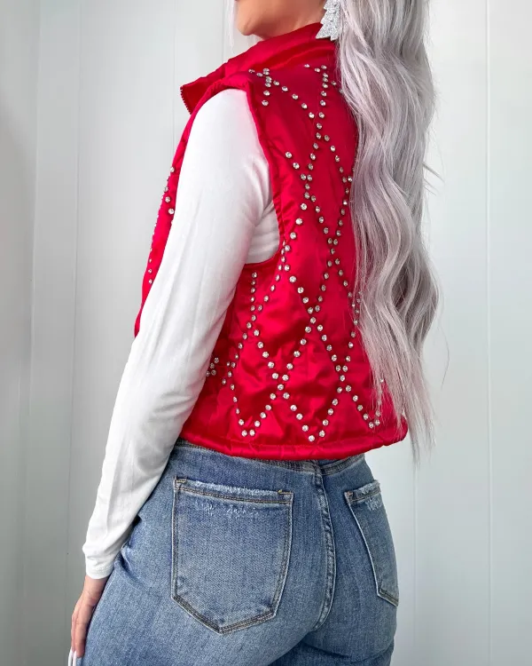 Rhinestone Bomber Vest - Red
