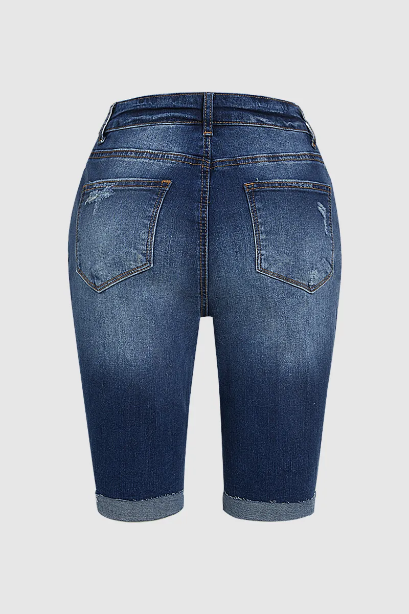 Ripped Raw Hem High Rise Denim Bermuda Shorts