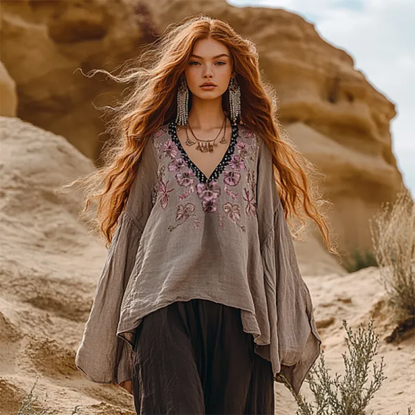 Ethnic Style Embroidered Linen V Neck Long Sleeve Shirt