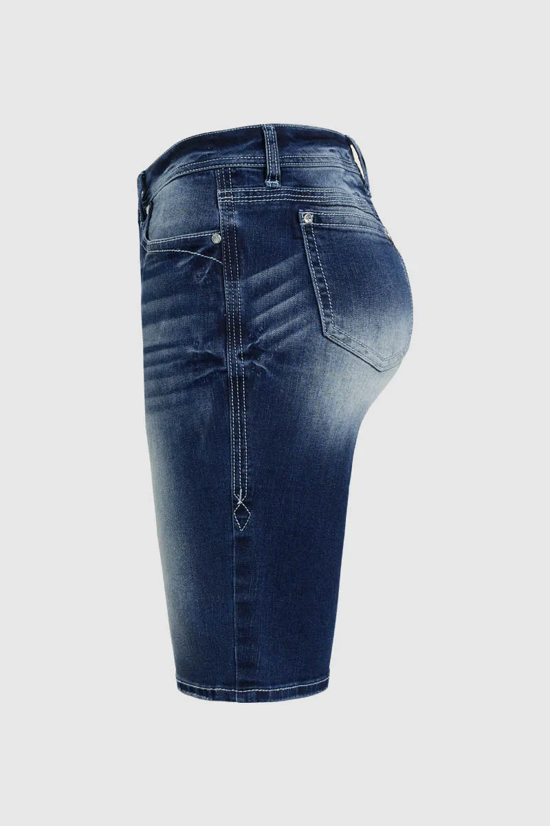 Washed Stretchy Stitch Detail Mid Rise Denim Bermuda Shorts