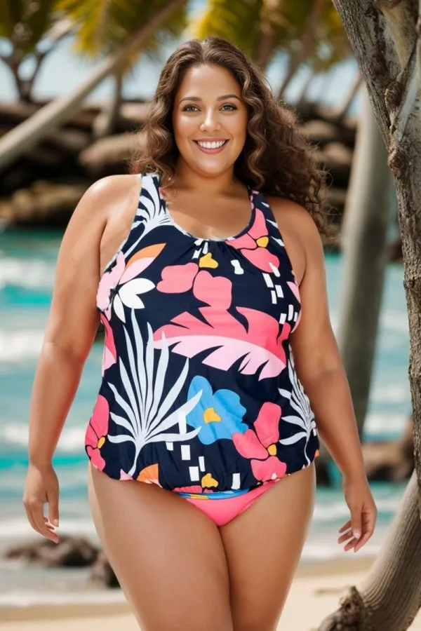 Floral Print Tummy Control Blouson Tankini Top