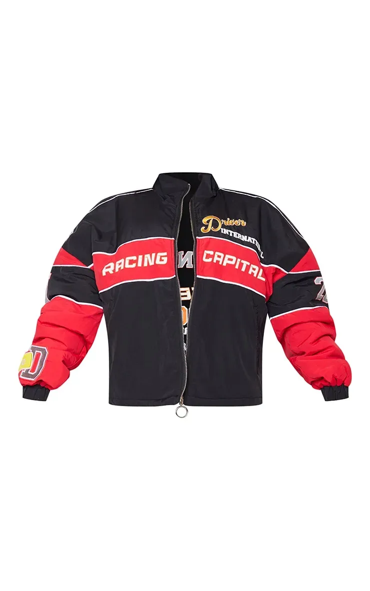 Petite Black Oversized Graphic Zipped Racer Bomber Jacket