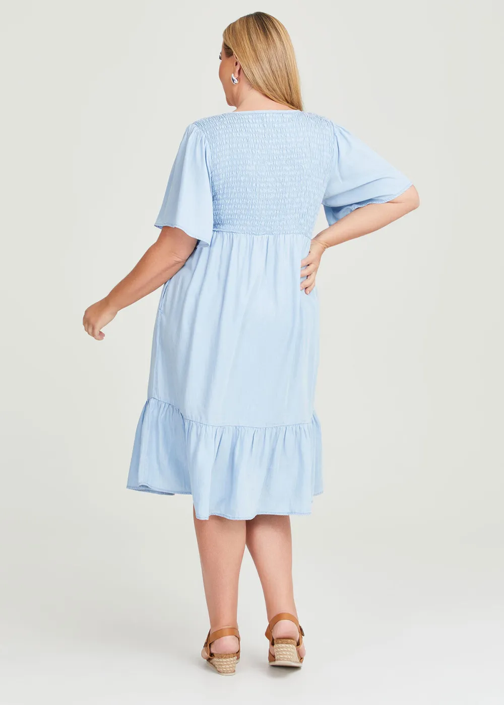Natural Chambray Shirred Dress